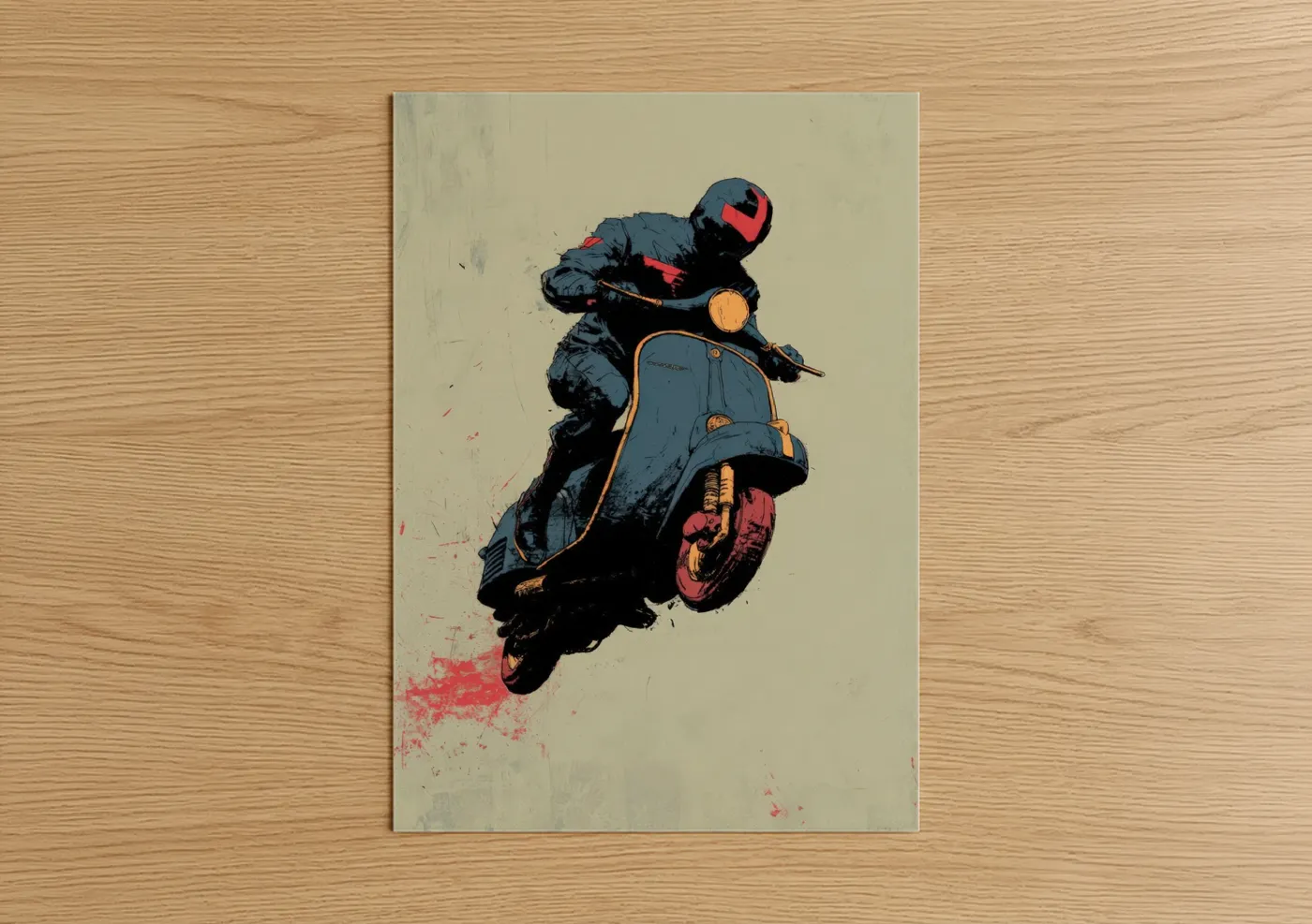 Art print on warm oak wood — blue and red palette — Vintage Scooter Stunt poster