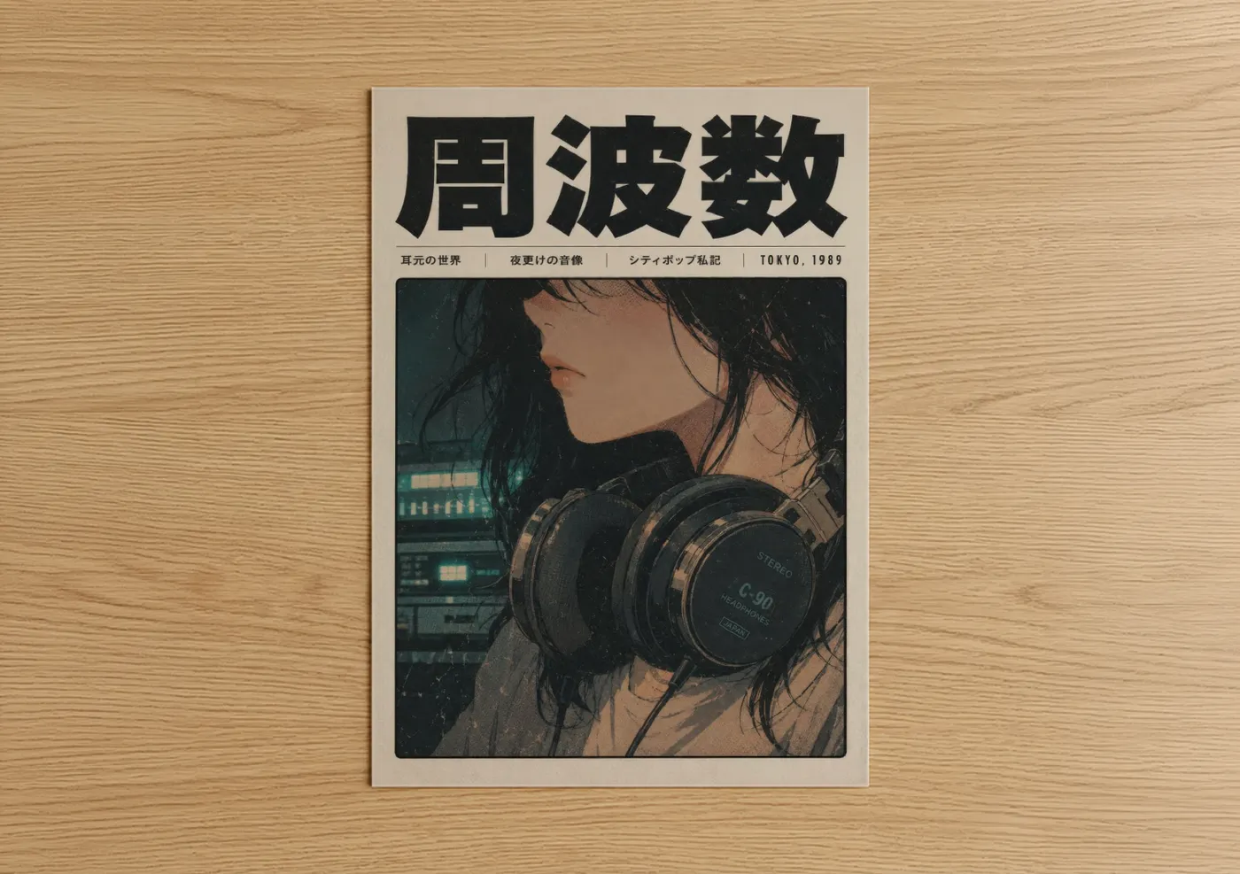 Music equipment art print on warm oak wood — beige and black palette — Tokyo 1989 Retro Anime Headphone Wall Art poster
