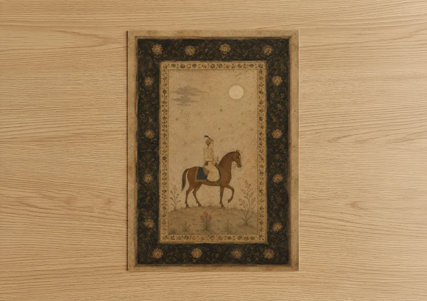 Art print on warm oak wood — beige and gold palette — Persian Horseback Rider Miniature Wall Art poster