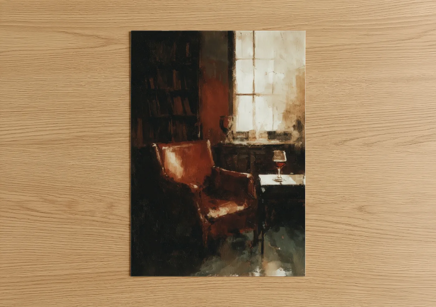 Red wine art print on warm oak wood — maroon and cream palette — Crimson Reading Retreat poster