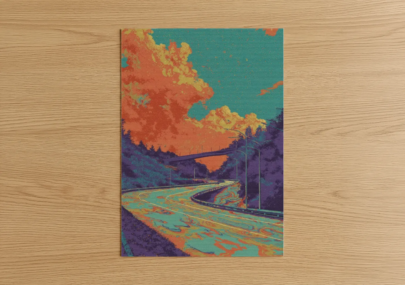 Road and highways art print on warm oak wood — orange and teal palette — Neon Highway poster