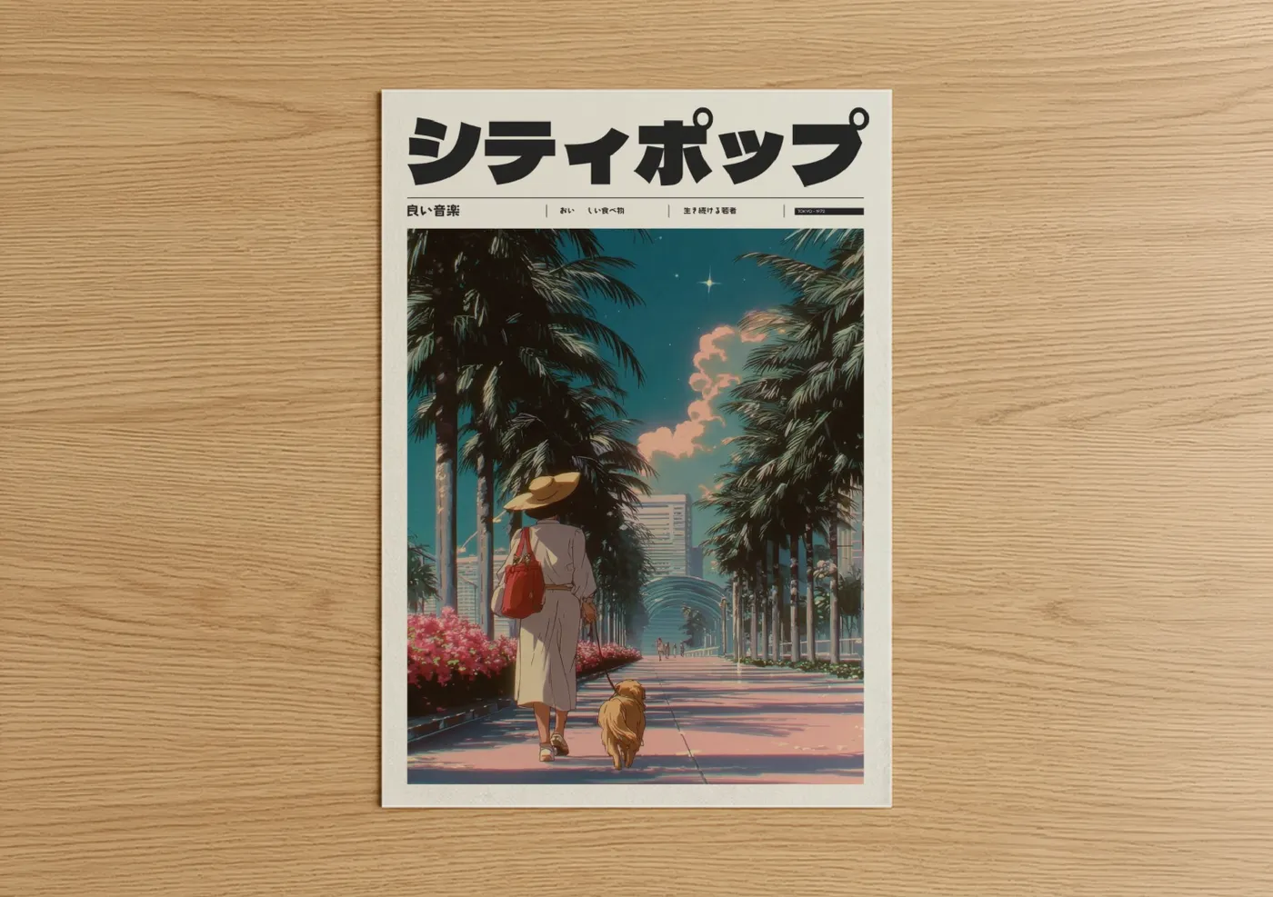 Anime and manga art print on warm oak wood — teal and salmon pink palette — Tropical Anime Stroll poster