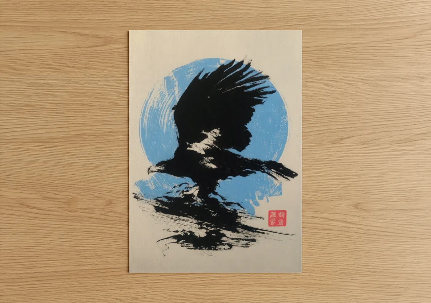 Art print on warm oak wood — blue and black palette — Soaring Eagle poster
