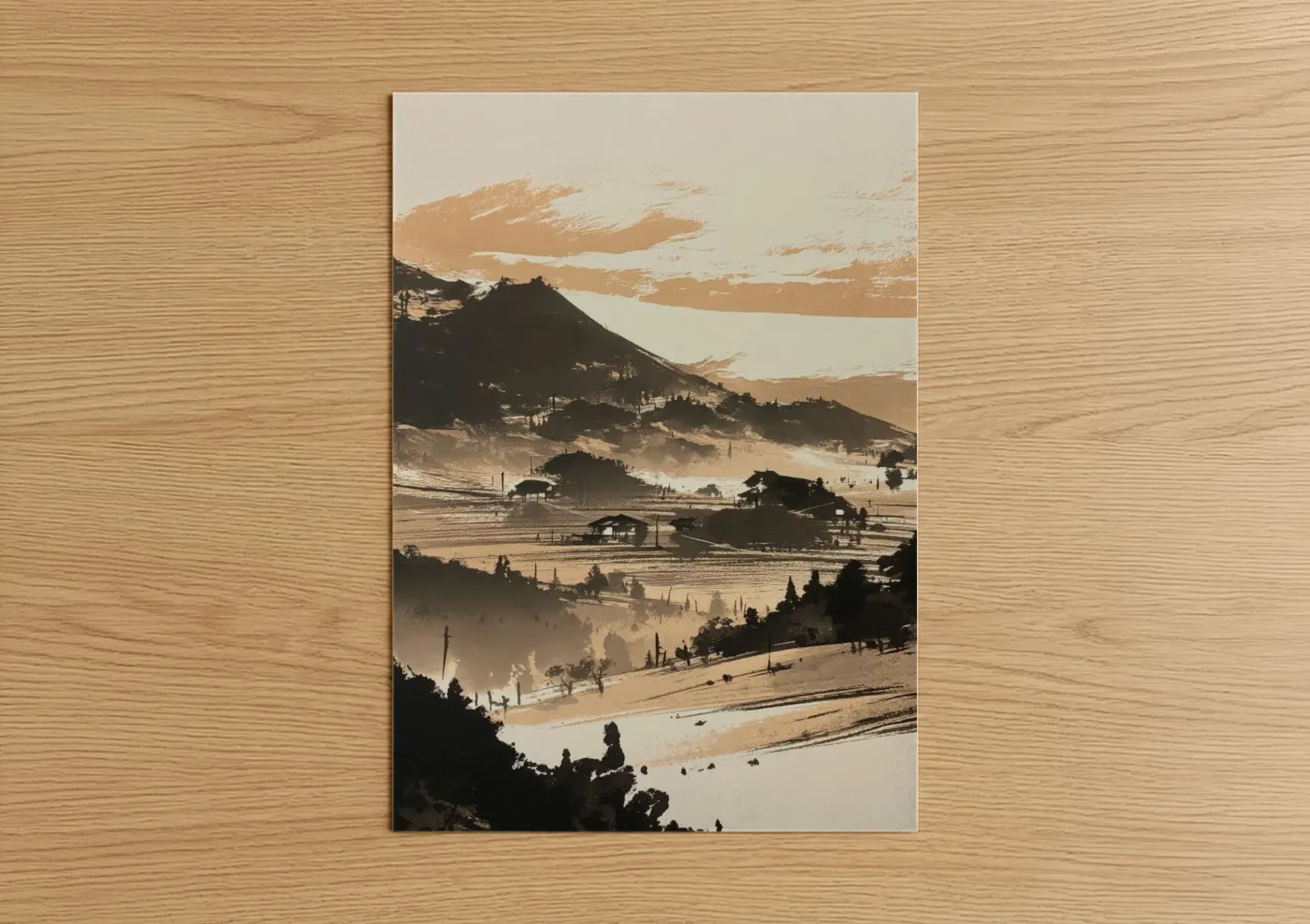Various landscapes art print on warm oak wood — gold and black and white palette — Mountain Valley Dawn poster