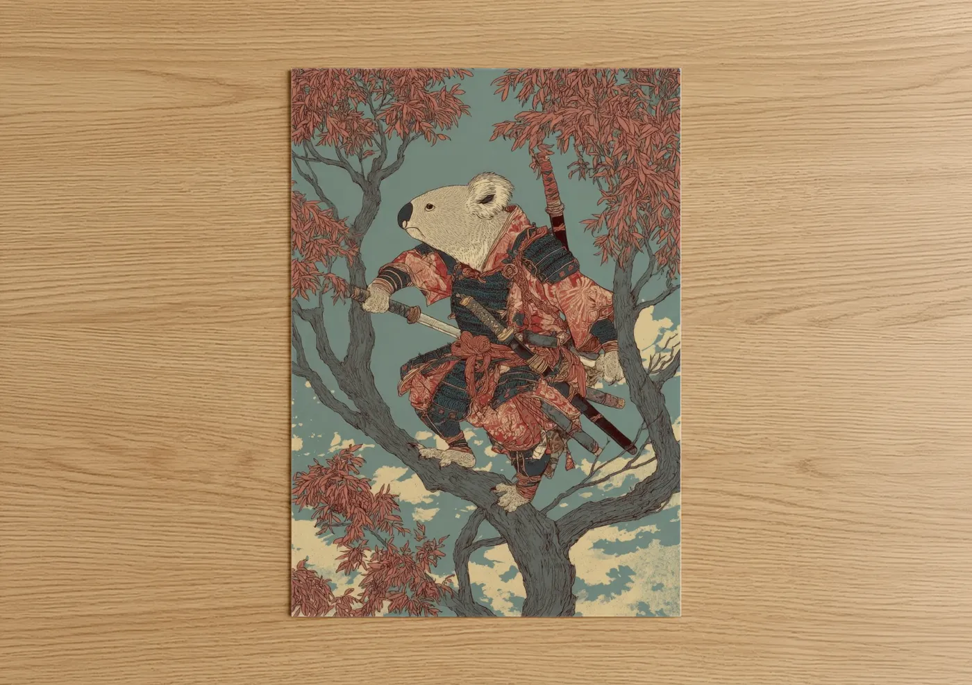 Art print on warm oak wood — red and sage green palette — Samurai Koala poster
