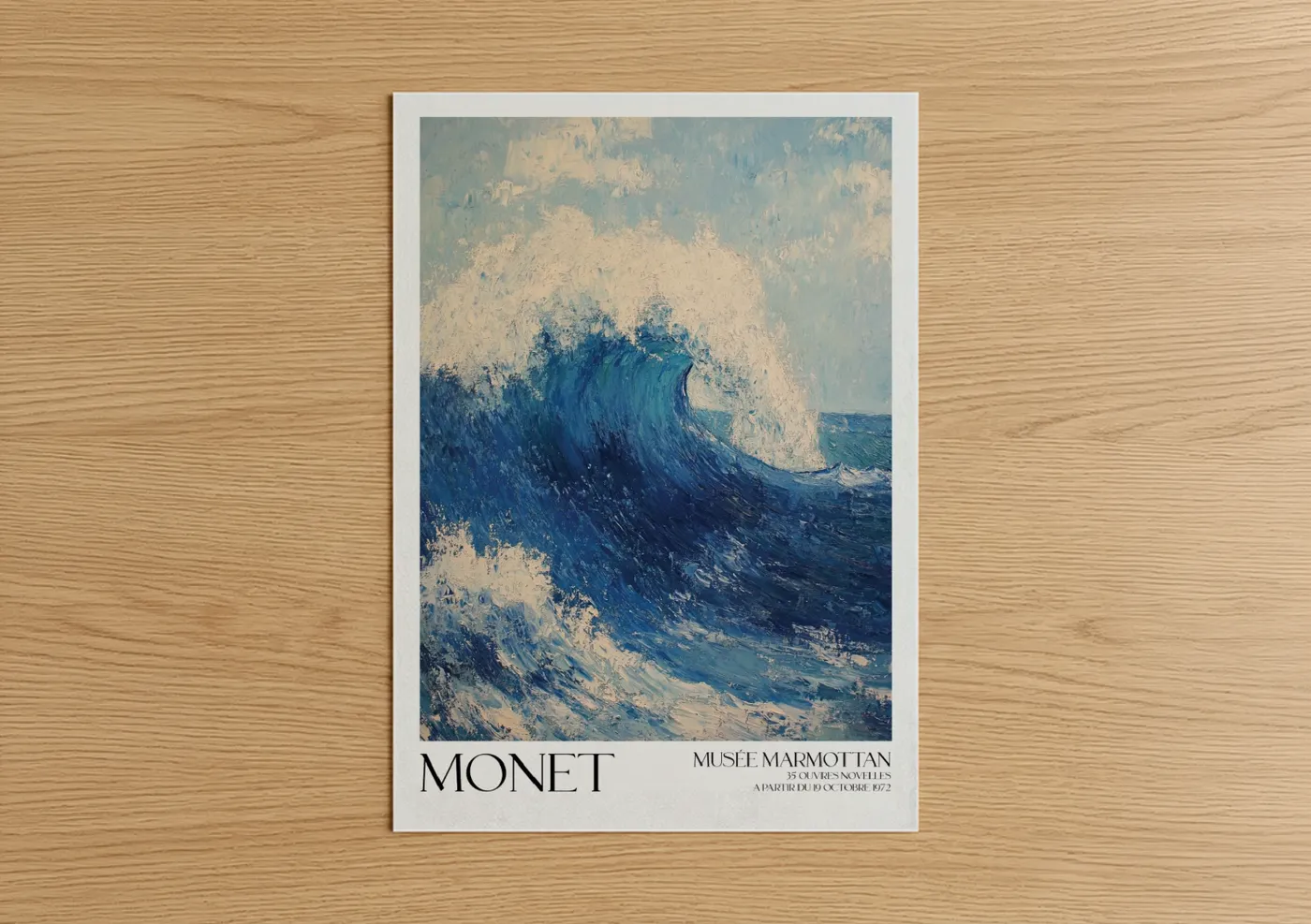 Seascapes and ocean art print on warm oak wood — blue and cream palette — Dramatic Ocean Wave poster