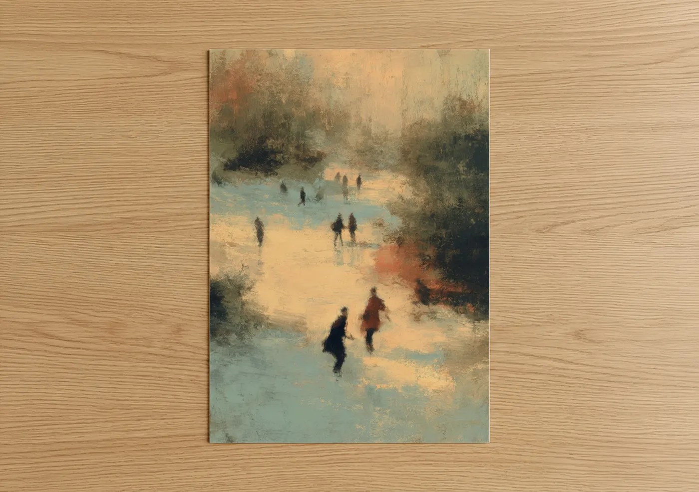 Winter art print on warm oak wood — cream and blue and gray palette — Snowy Gathering poster