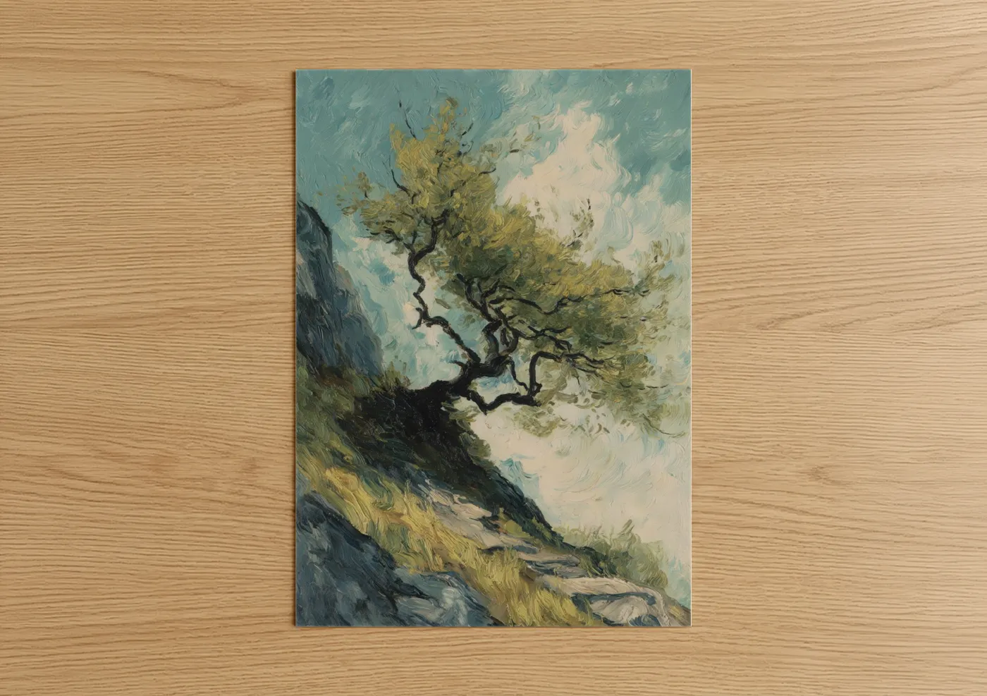 Willow tree art print on warm oak wood — light green and blue palette — Windswept Willow poster