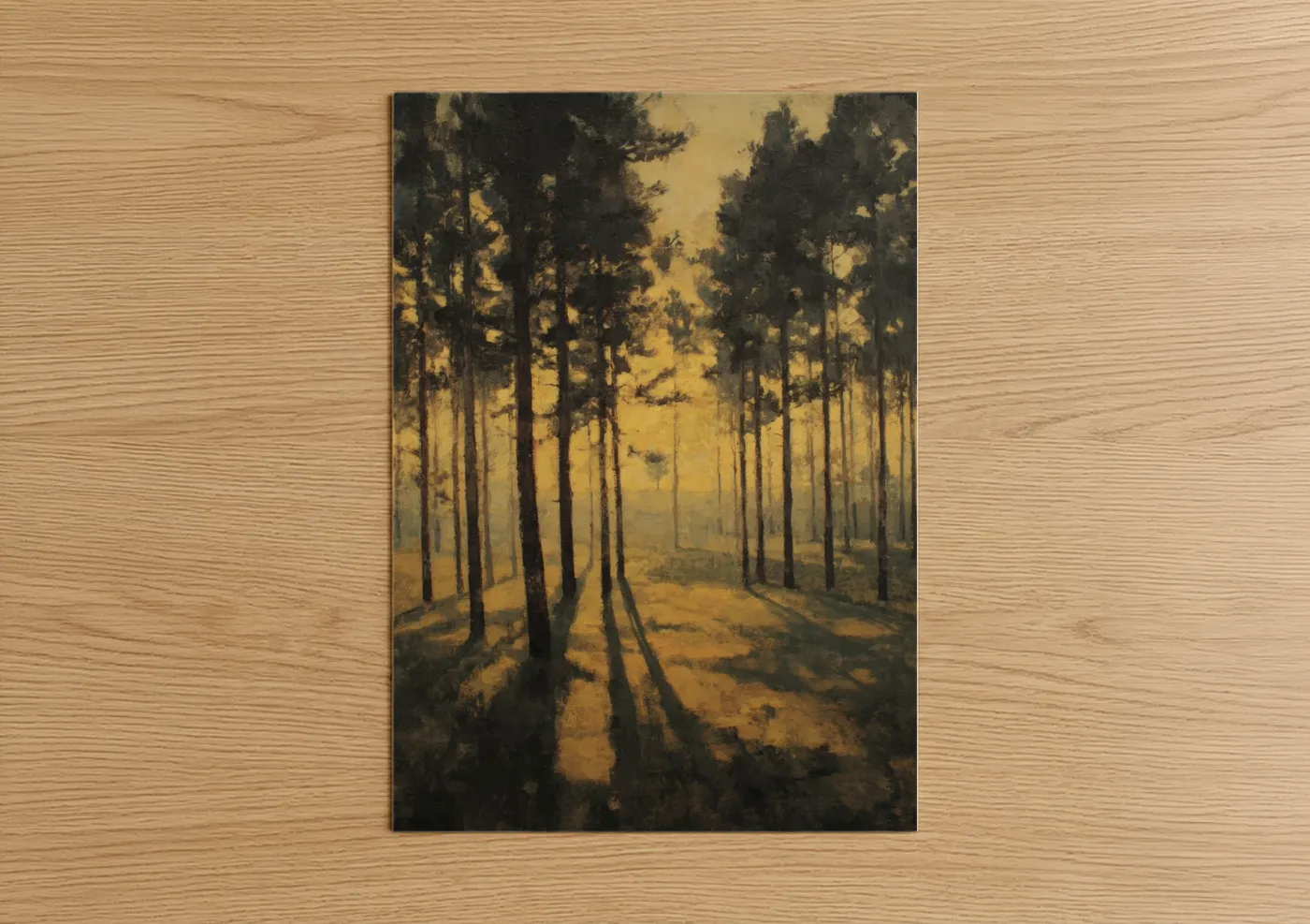 Art print on warm oak wood — yellow gold and black palette — Golden Pine Forest poster