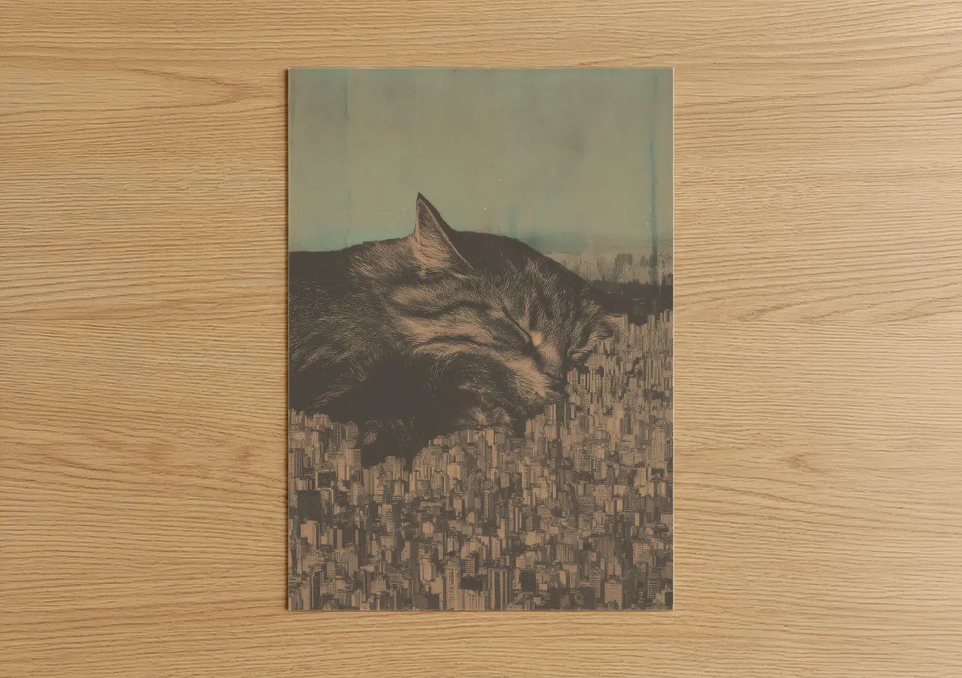 Art print on warm oak wood — gold and teal palette — Urban Dreamer Cat poster