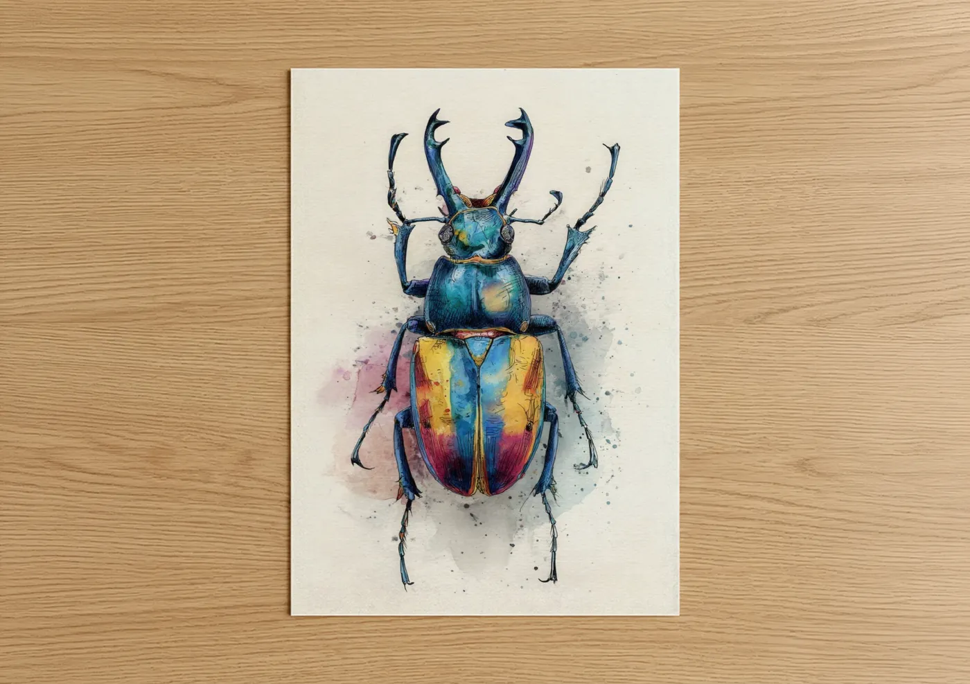 Iridescent Stag Beetle Watercolor Wall Art