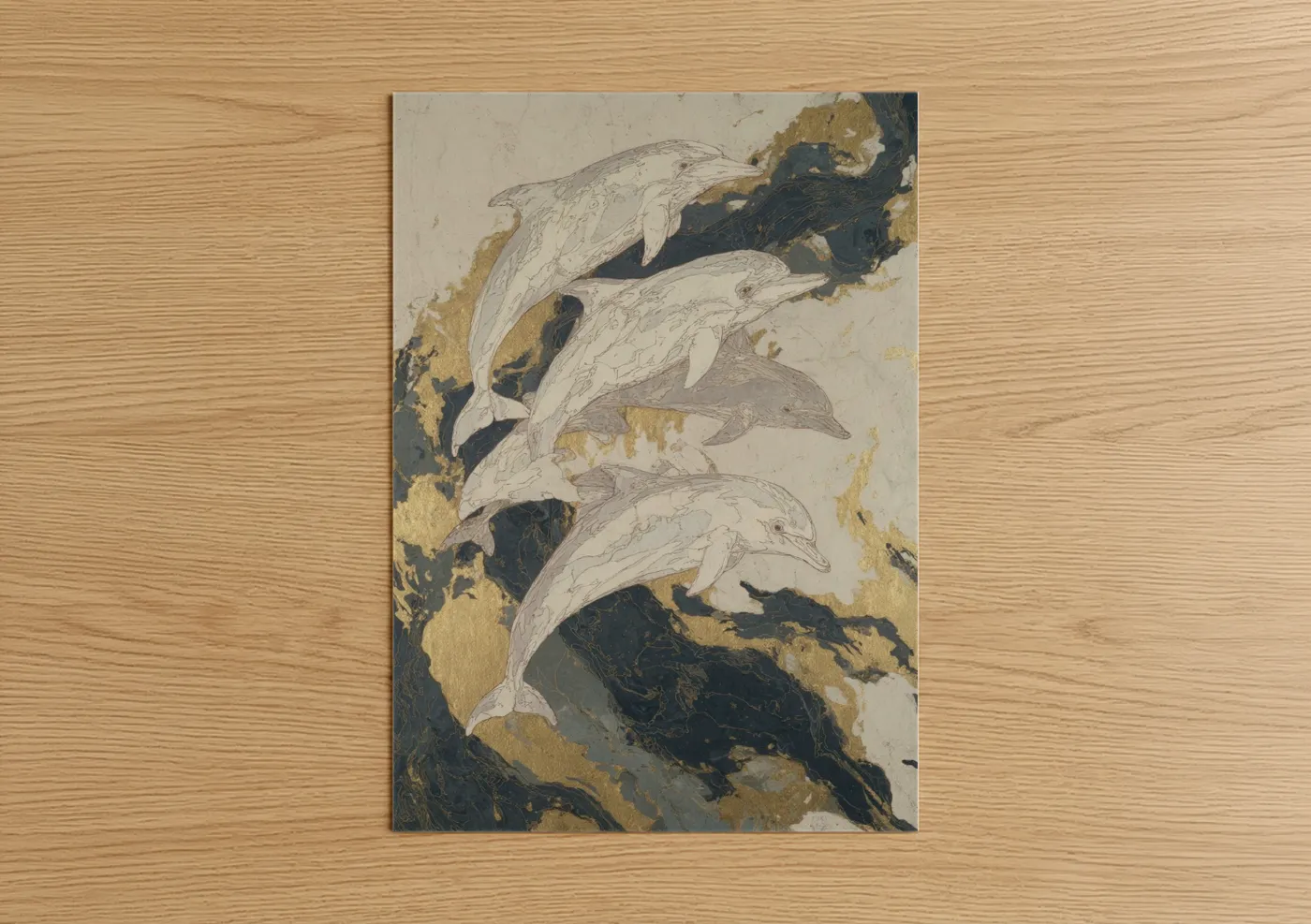 Art print on warm oak wood — gold and white and black and gold palette — Golden Dolphins poster