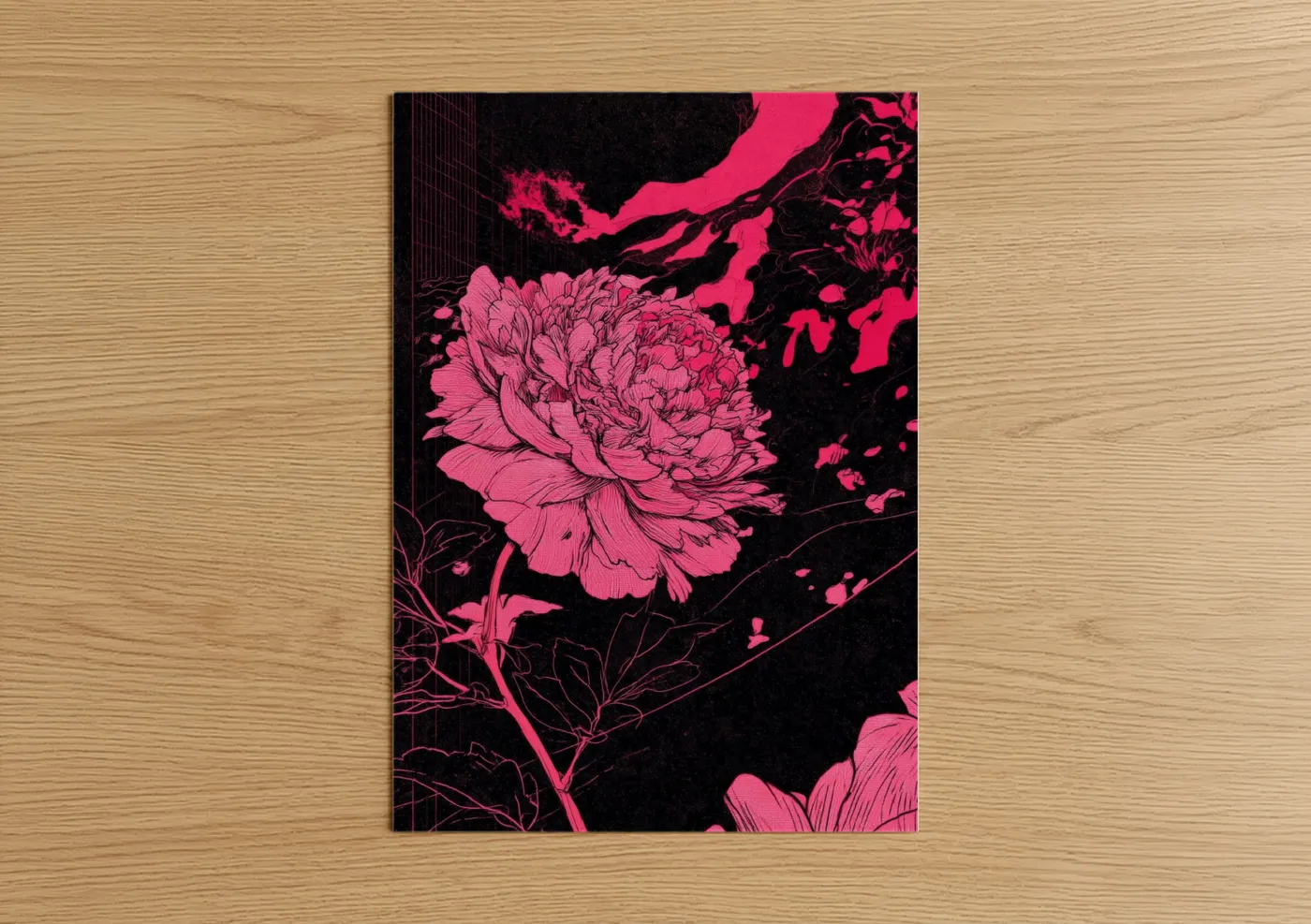 Abstract flower art print on warm oak wood — magenta and black palette — Neon Peony poster