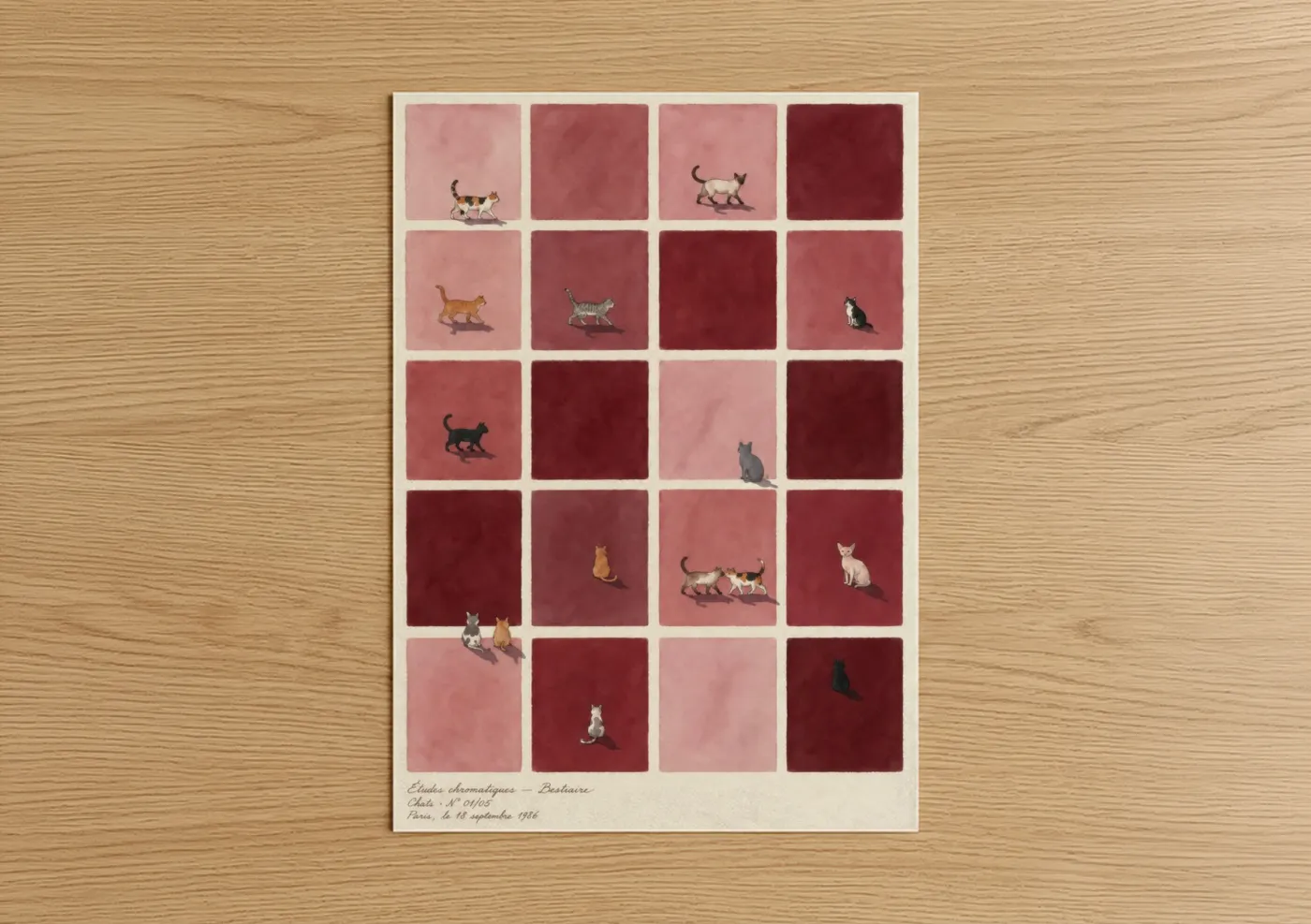 Cat art print on warm oak wood — maroon and pink palette — Vintage Feline Study Grid Wall Art poster