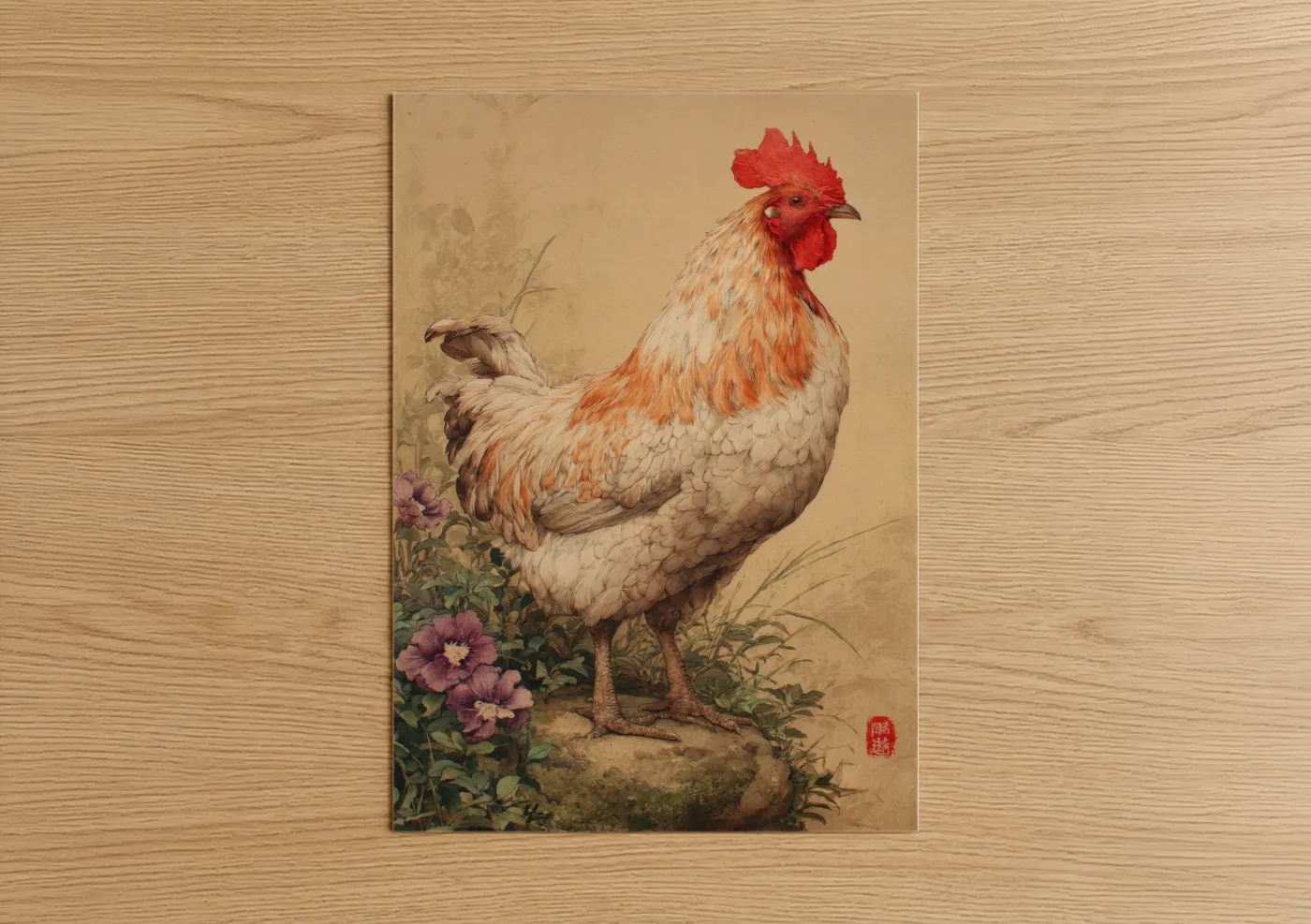 Crimson Rooster with Flowers Illustration Wall Art