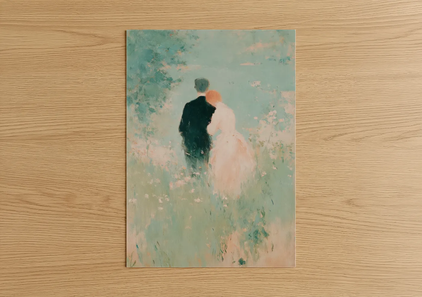 Couple art print on warm oak wood — teal and salmon pink palette — Romantic Garden Stroll poster