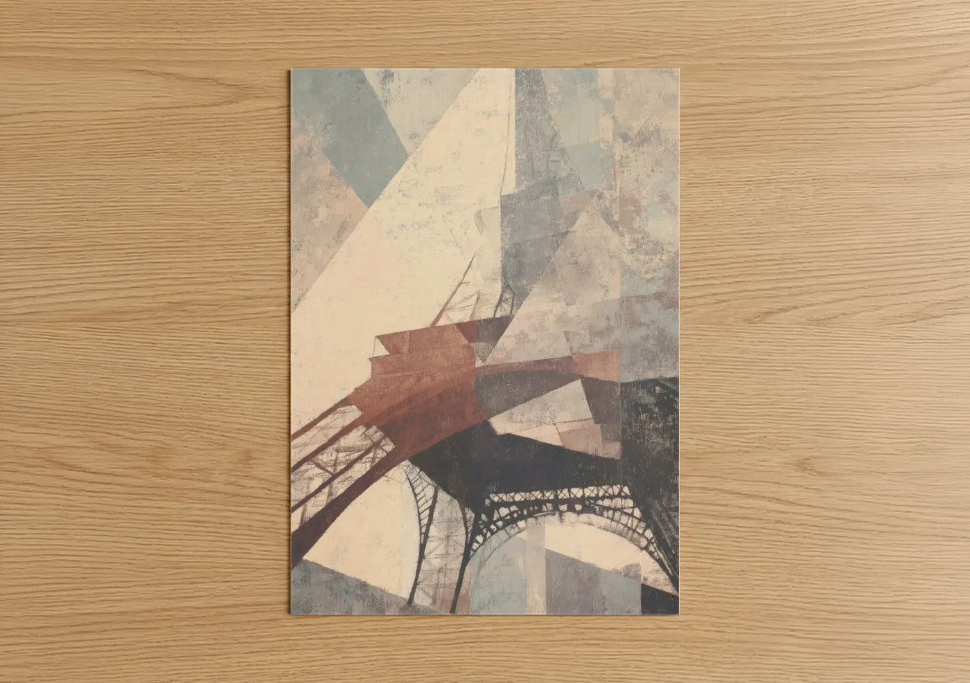 Eiffel tower art print on warm oak wood — cream and russet palette — Parisian Abstraction poster