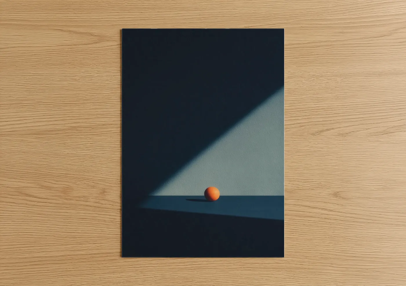 Table tennis art print on warm oak wood — orange and dark blue palette — Minimalist Ball poster
