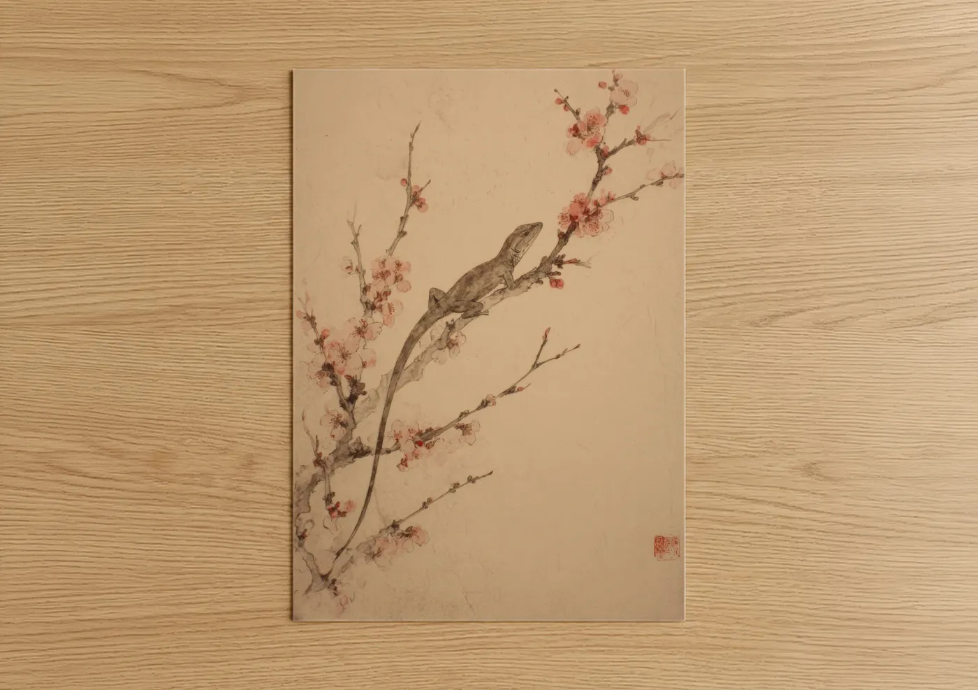 Lizard Cherry Blossom Watercolor Wall Art