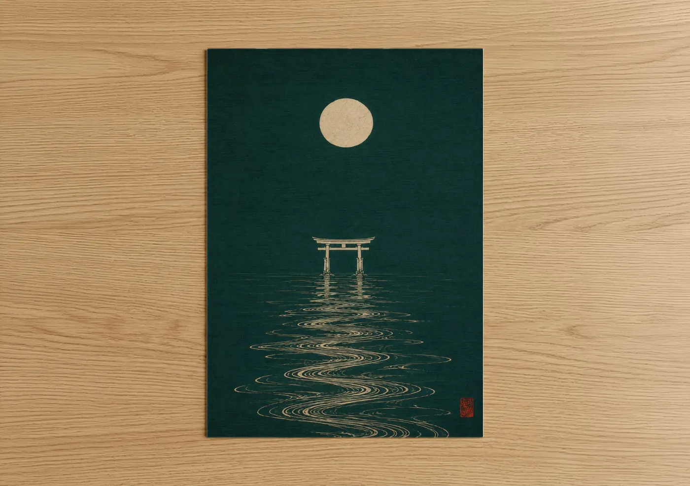 The sun art print on warm oak wood — teal and cream palette — Japanese Torii Gate Ocean Wall Art poster