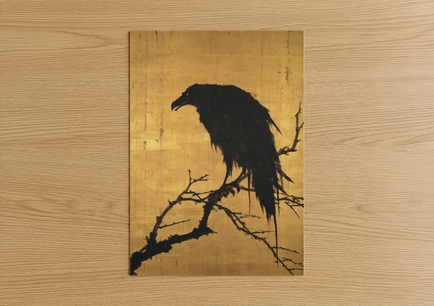 Art print on warm oak wood — gold and black palette — Golden Chimera poster