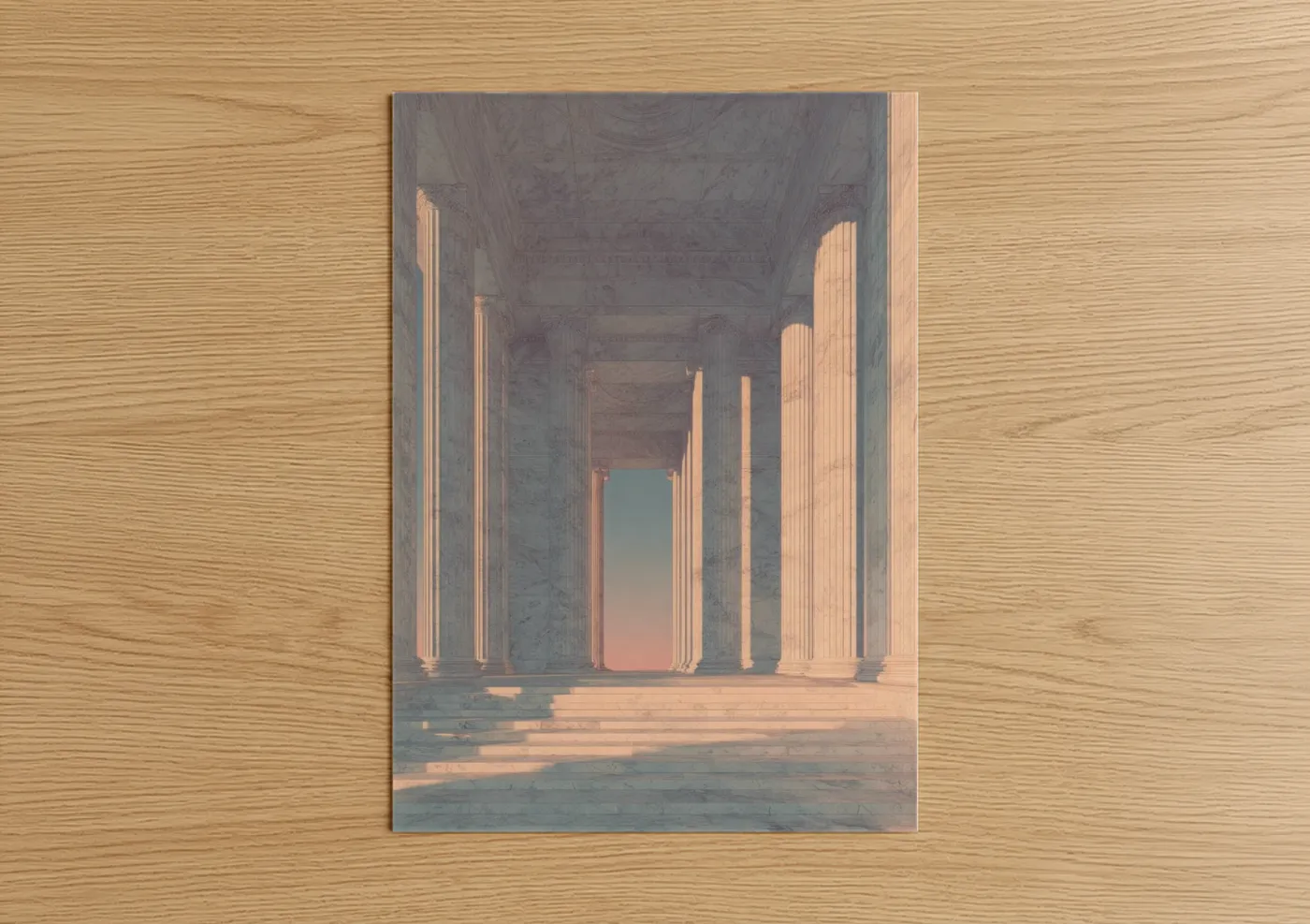 Art print on warm oak wood — gray and peach palette — Libra Colonnade poster