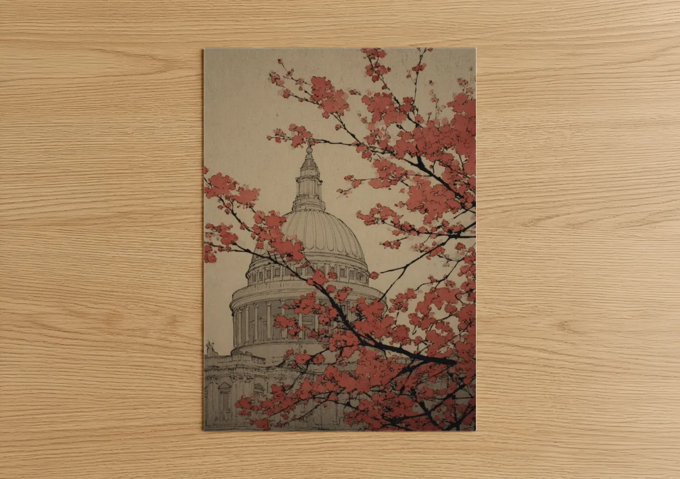 Saint paul's cathedral art print on warm oak wood — cream and salmon pink palette — Cherry Blossom Cathedral poster