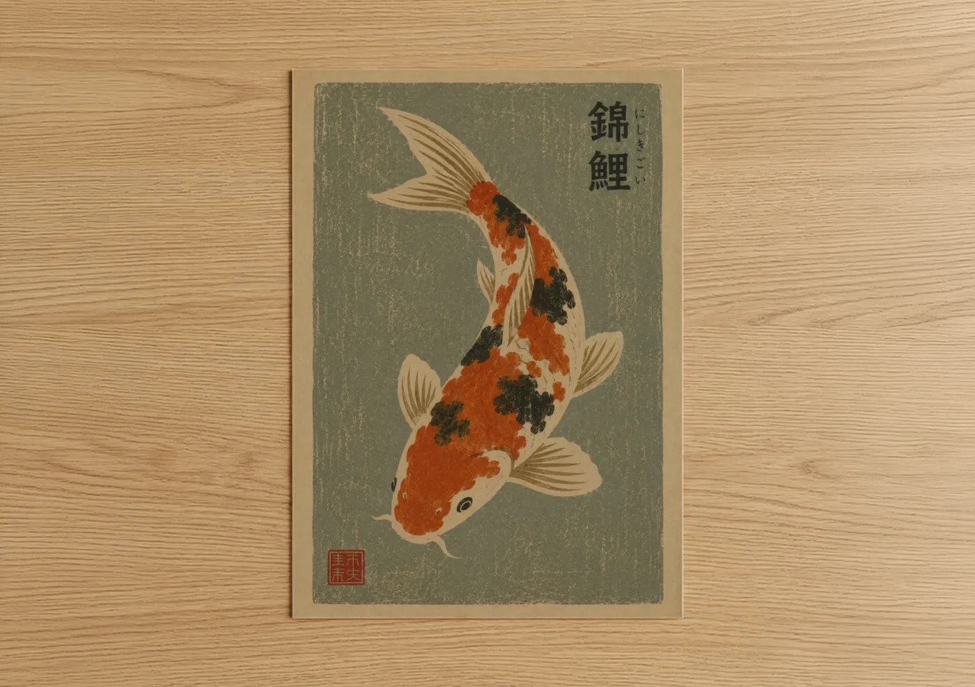 Art print on warm oak wood — orange and sage green palette — Vintage Japanese Koi Fish Wall Art poster