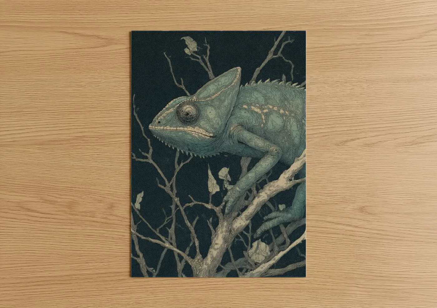 Emerald Chameleon Wildlife Illustration Wall Art