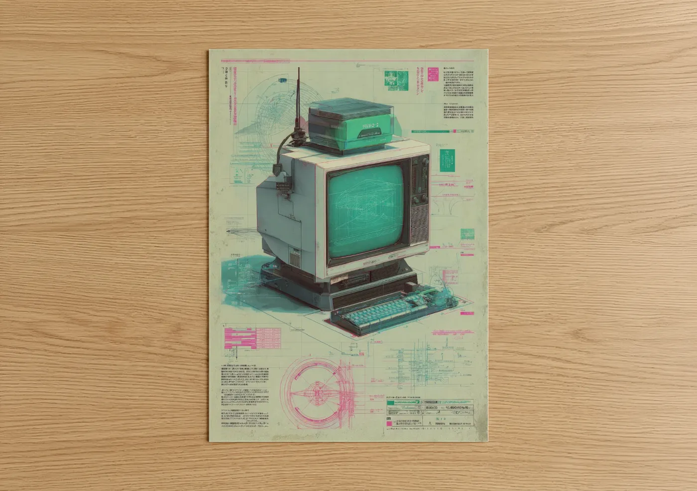 Vintage japanese ads art print on warm oak wood — aquamarine and magenta palette — Retro Computer Setup poster
