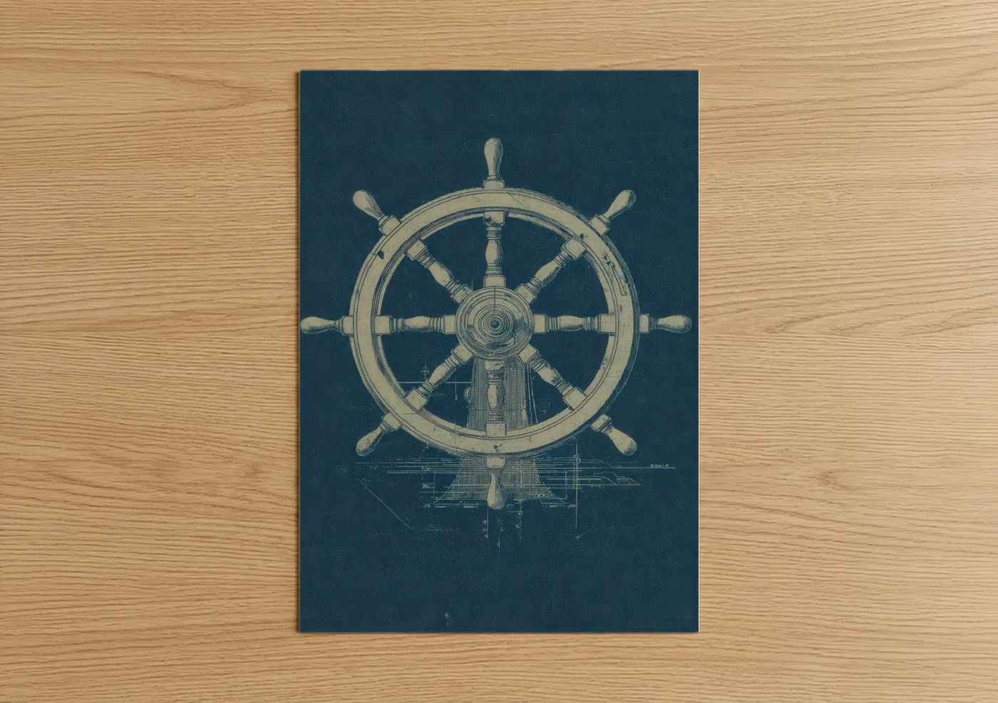 Art print on warm oak wood — dark blue and cream palette — Vintage Shipwheel poster