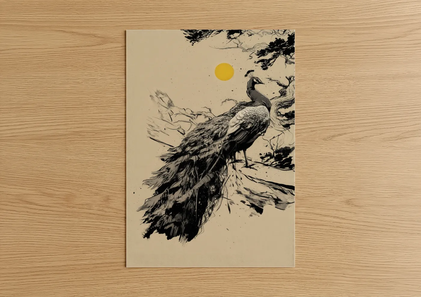Golden Peacock Ink Line Art Print Wall Art