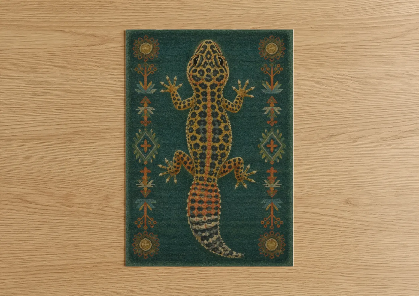 Lizard art print on warm oak wood — teal and gold palette — Ornamental Gecko Wall Art poster