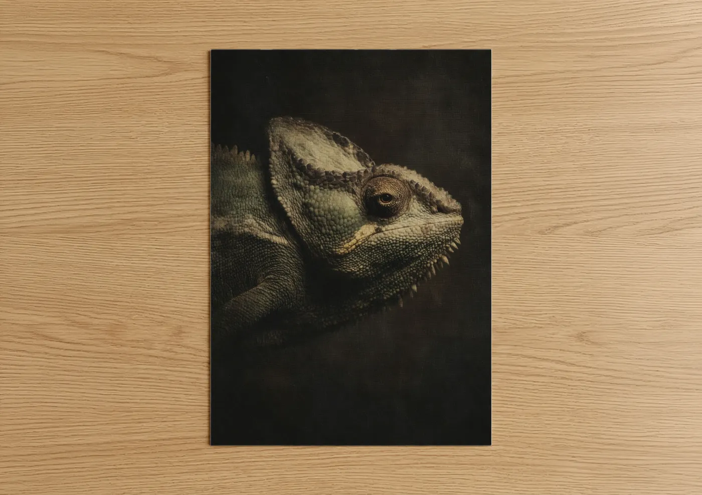 Art print on warm oak wood — sage green and gold palette — Emerald Chameleon poster