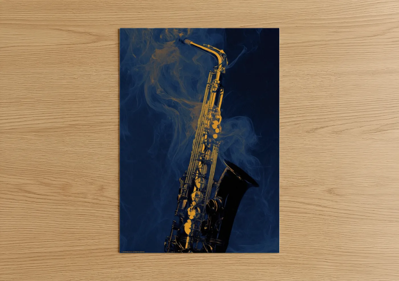 Art print on warm oak wood — dark blue and gold palette — Golden Saxophone Jazz poster