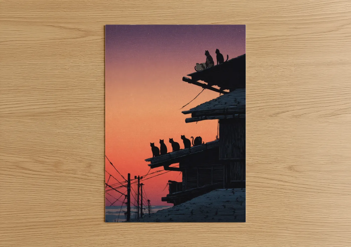 Cat Silhouettes at Sunset Architecture Wall Art