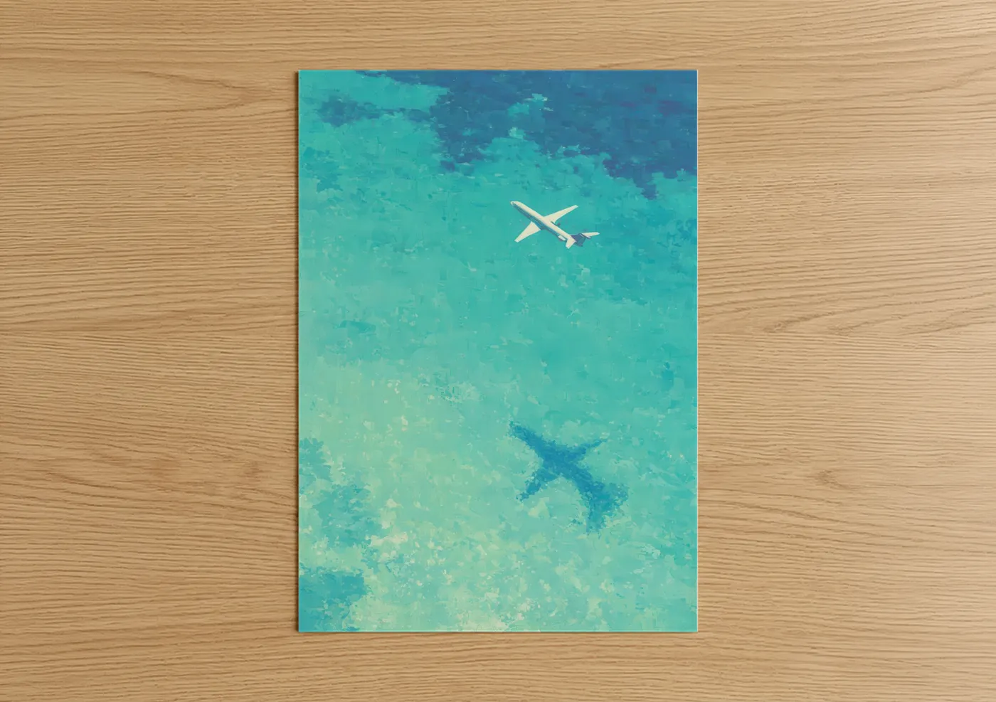 Private jet art print on warm oak wood — turquoise and blue palette — Coastal Getaway poster