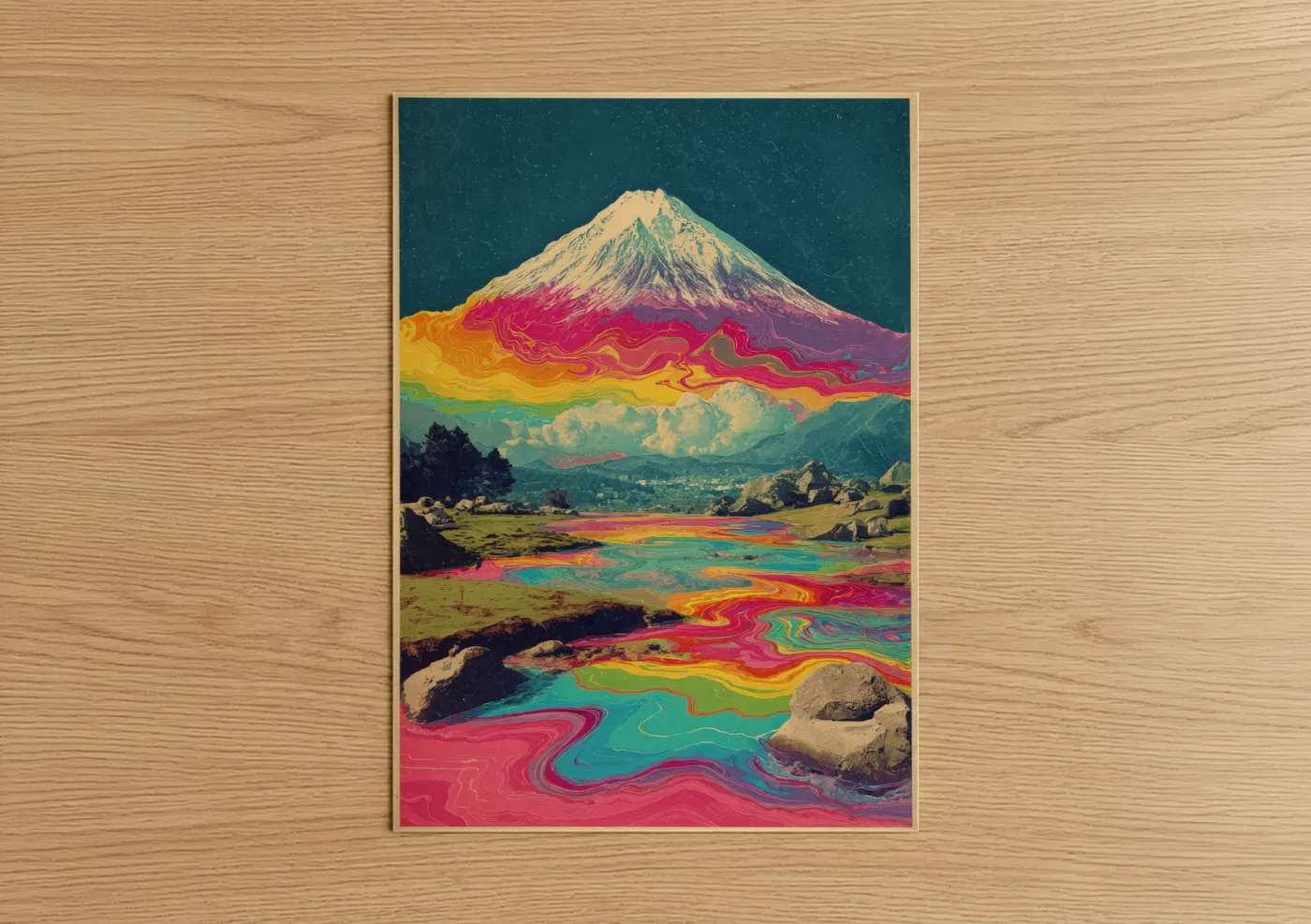 Japanese psychedelic art print on warm oak wood — magenta and gold palette — Psychedelic Fuji poster