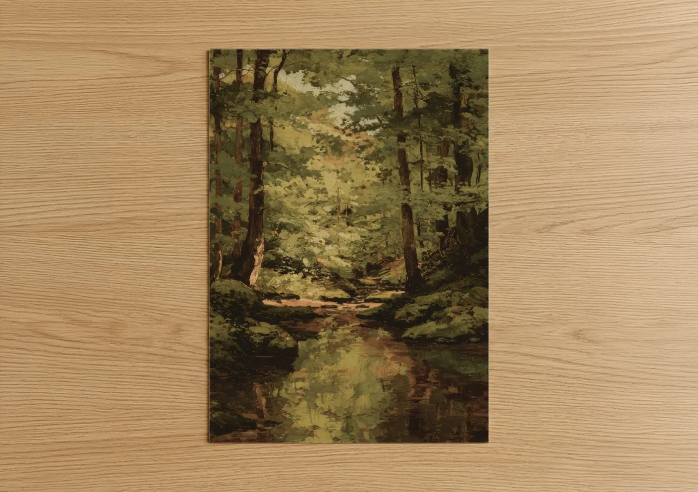Cedar forest art print on warm oak wood — gold and dark green palette — Luminous Cedar Stream poster
