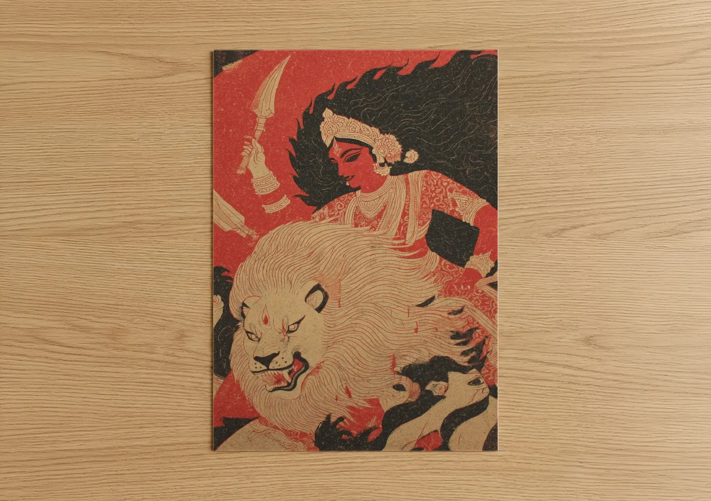 Hinduism art print on warm oak wood — red and gold palette — Divine Durga poster