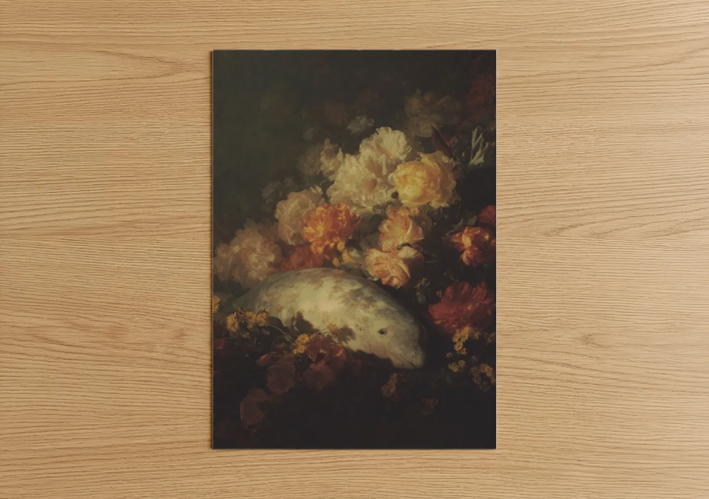 Art print on warm oak wood — gold and maroon palette — Floral Narwhal poster
