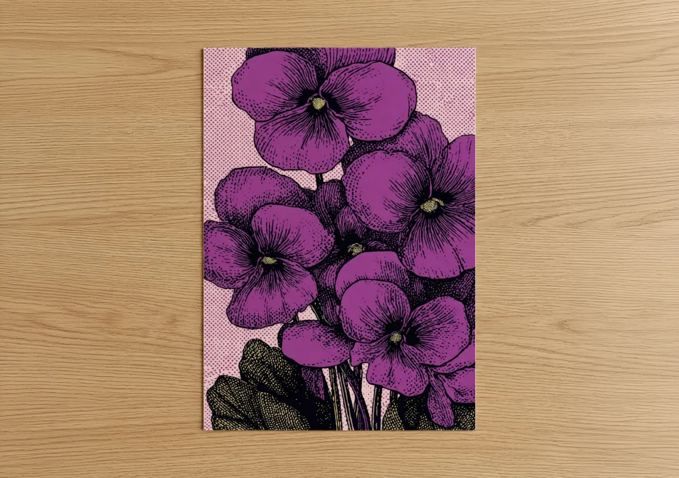 Art print on warm oak wood — magenta and black and white palette — Magenta Violets poster