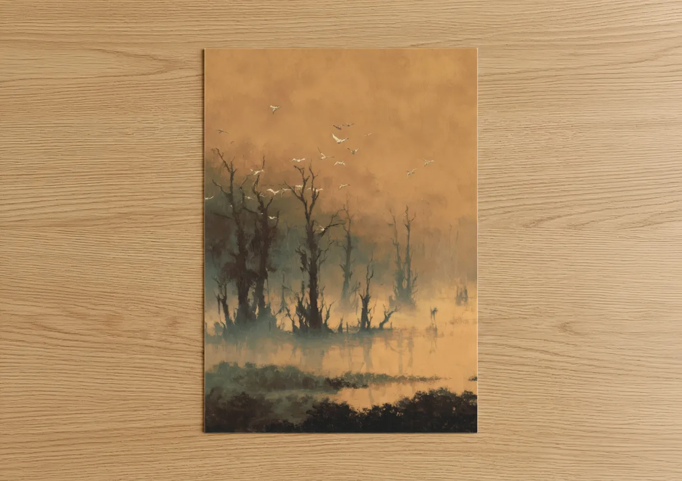 Art print on warm oak wood — nobel and gold palette — Misty Mangrove poster