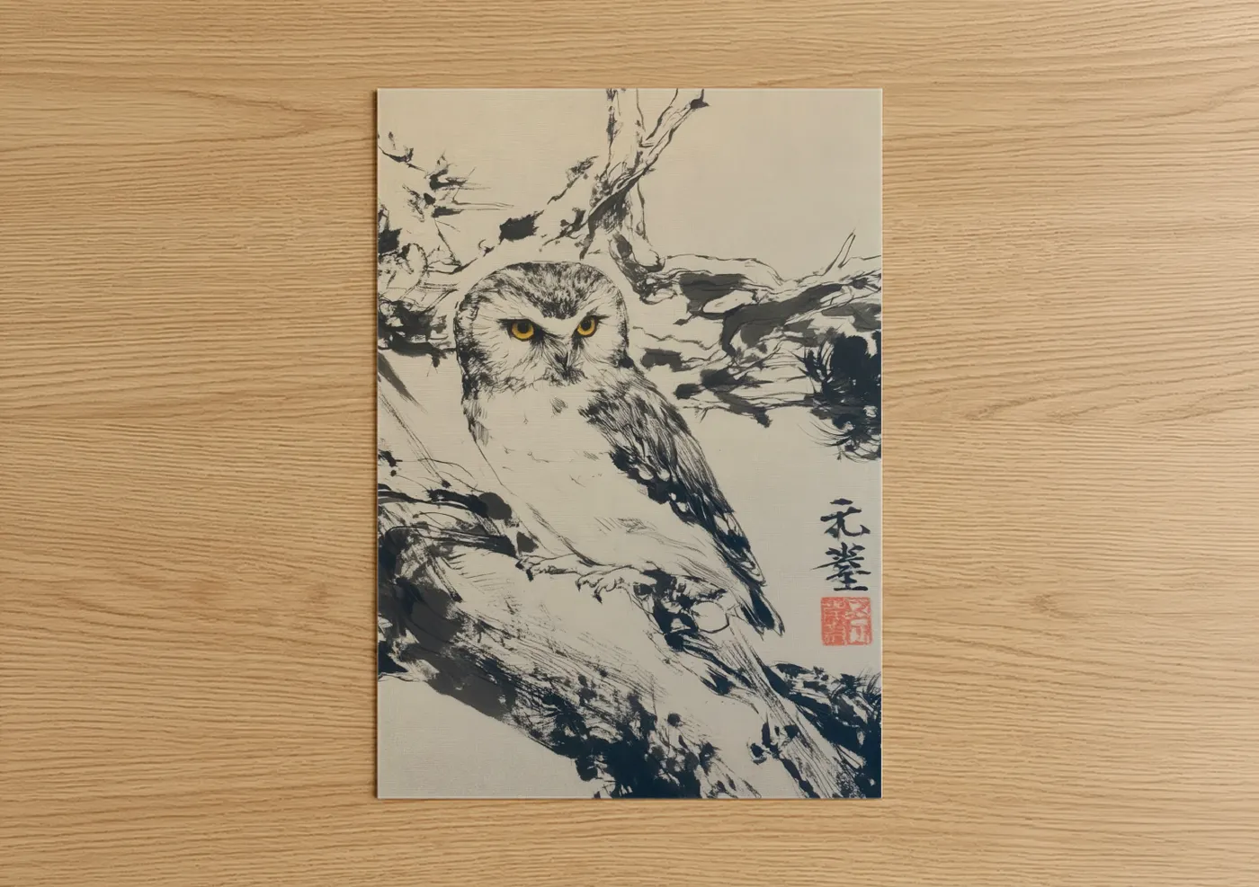 Golden-Eyed Owl Japanese Woodblock Wall Art