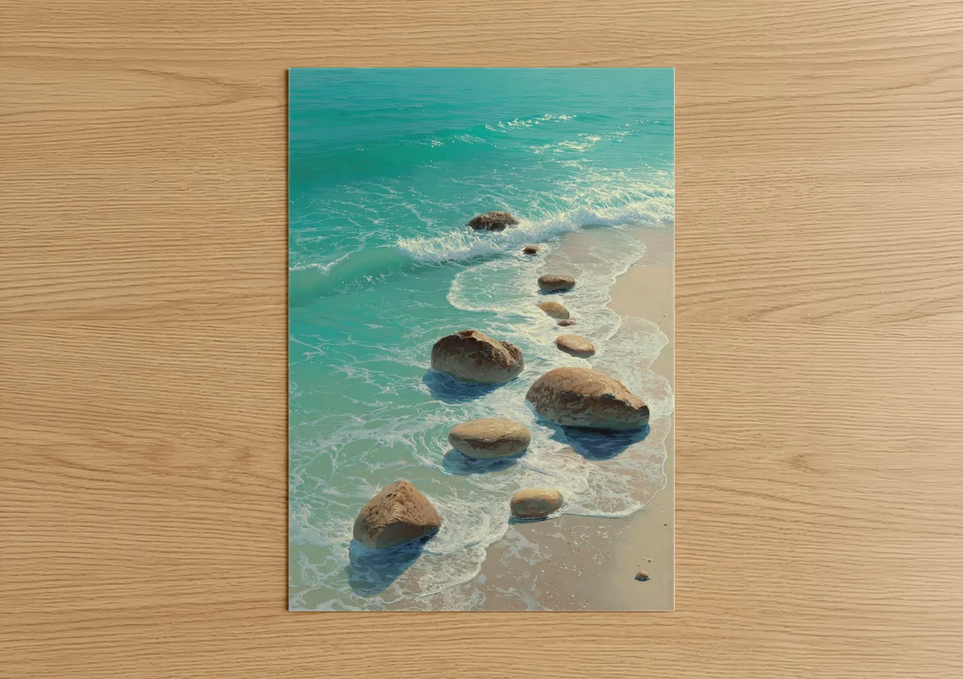 Sandy beach art print on warm oak wood — turquoise and cream palette — Turquoise Shoreline poster