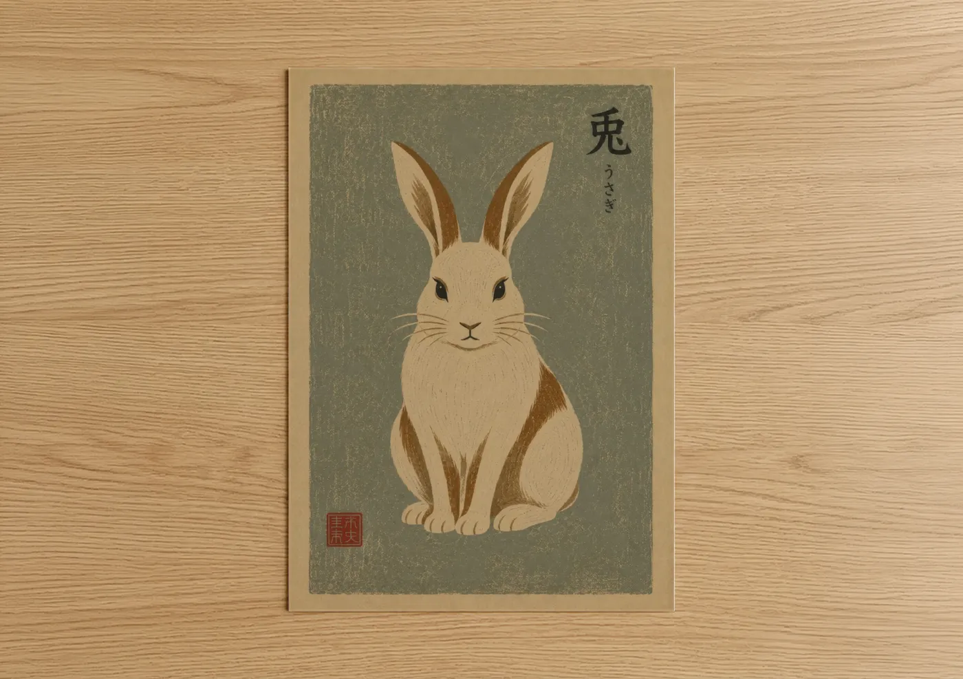 Art print on warm oak wood — beige and sage green palette — Japanese Rabbit Woodblock Print Wall Art poster
