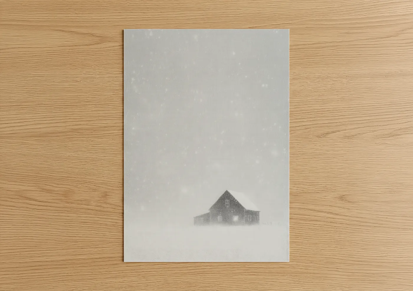 Art print on warm oak wood — gray and white palette — Snowy Barn poster