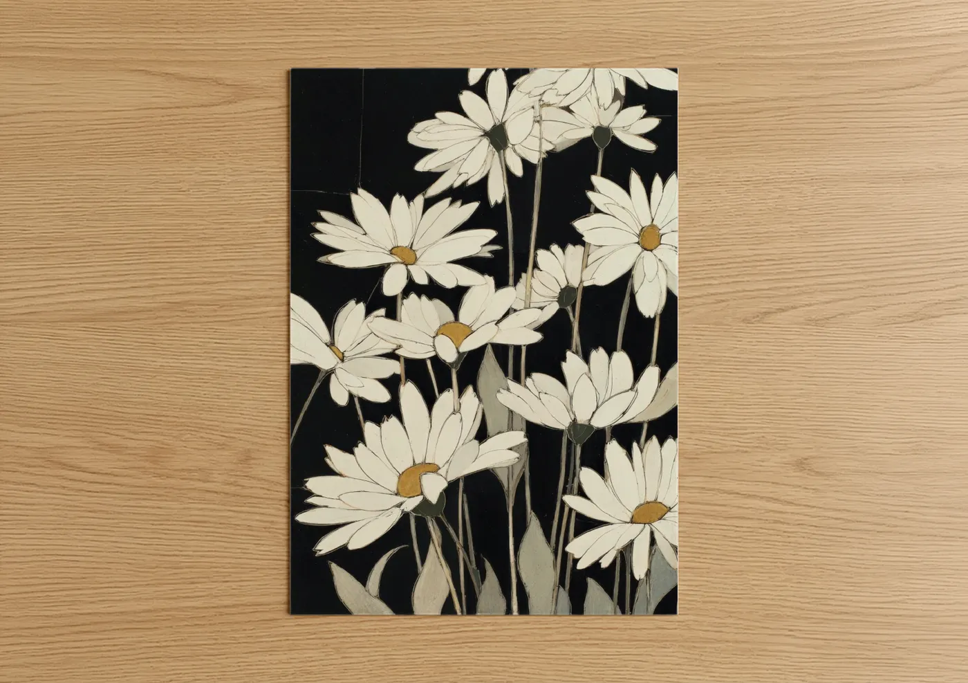 White Daisy Flowers Black Background Wall Art