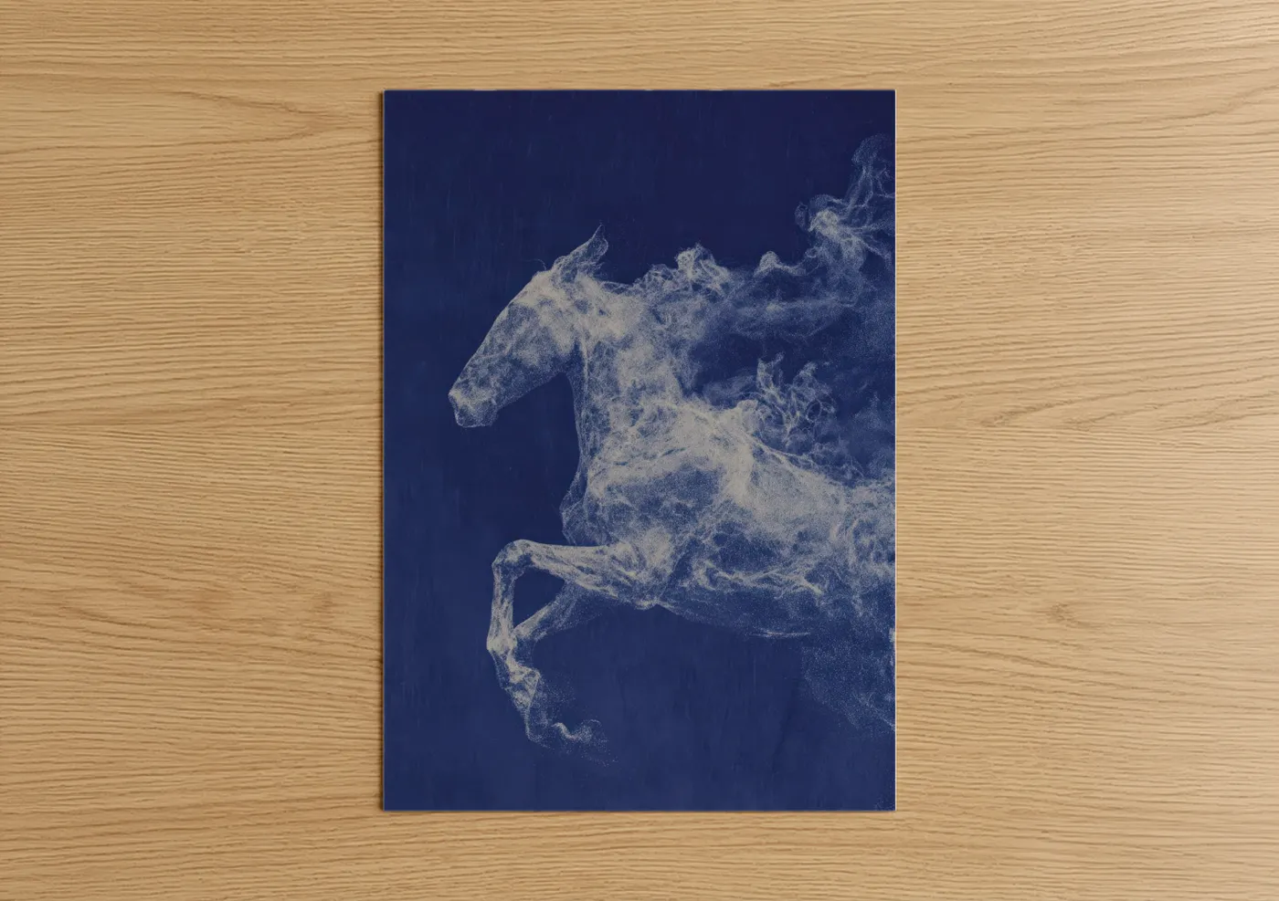 Art print on warm oak wood — dark blue and white palette — Ethereal Mule poster