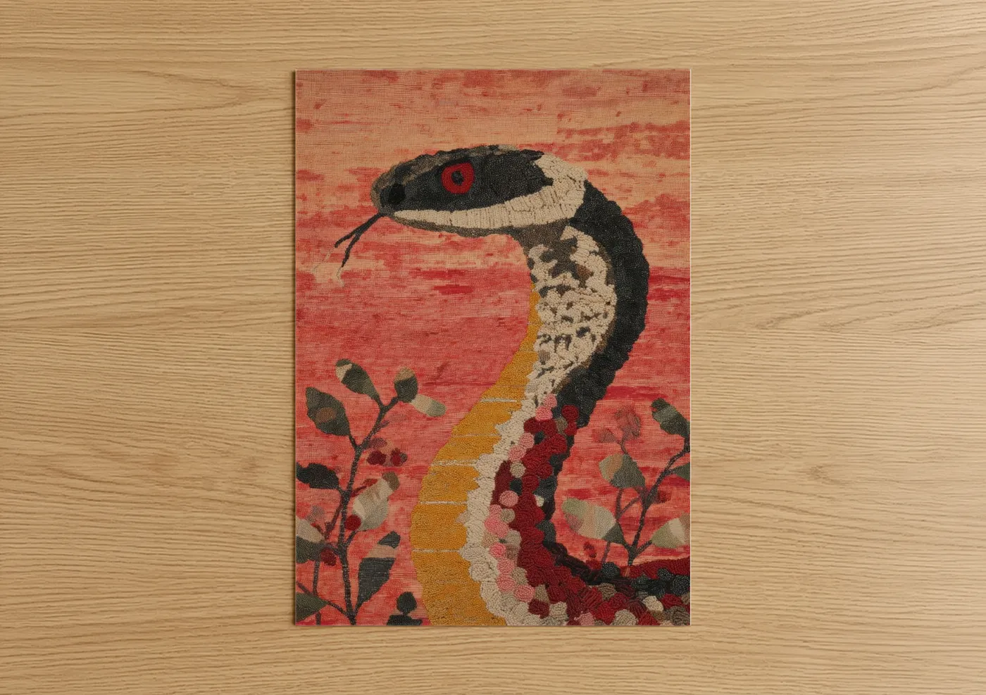 Crimson Cobra Textile Art Snake Wall Art